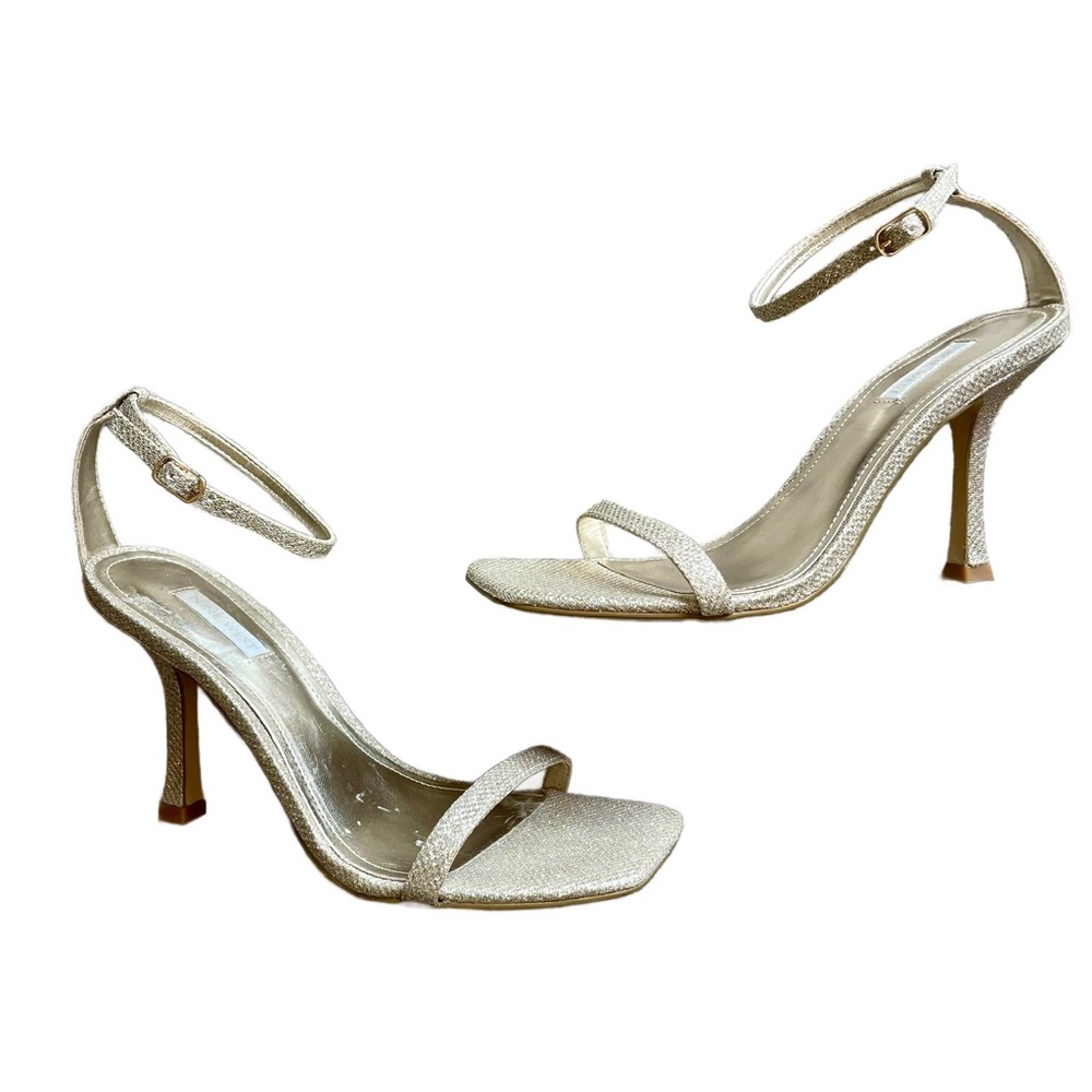 Vintage Nine West Gold Glitter Square Toe Ankle Strap Nudist Prom Wedding Heel 8